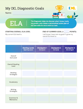 IXL Summer Diagnostic Tracking Worksheet Version Language Arts PDF